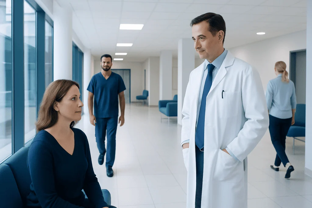 Ulcerative Colitis Diet: Benefits, Risks, and Safe Use 1 Doctor talking to a patient in a hospital corridor.