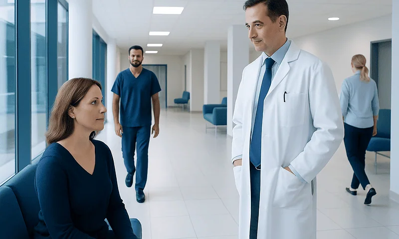 Doctor talking to a patient in a hospital corridor.