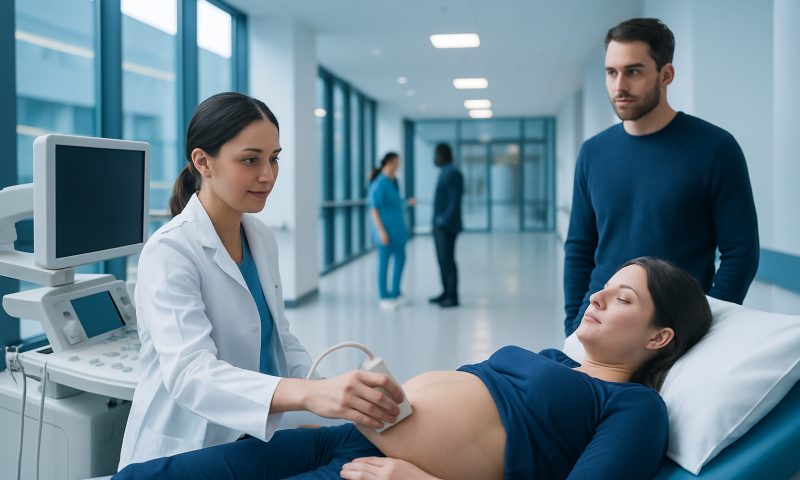 Pregnant woman undergoing ultrasound in hospital corridor with medical staff.