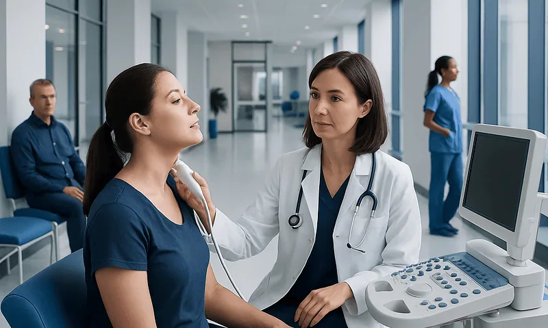 Doctor performs ultrasound examination on a patient in a hospital setting.