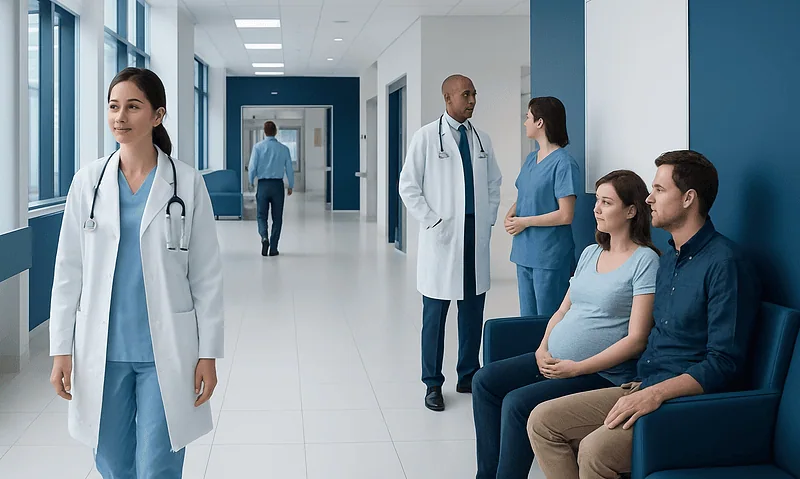 Anencephaly Treatment: How It Works, Results and What to Expect 5 Medical team consulting pregnant woman in hospital corridor.