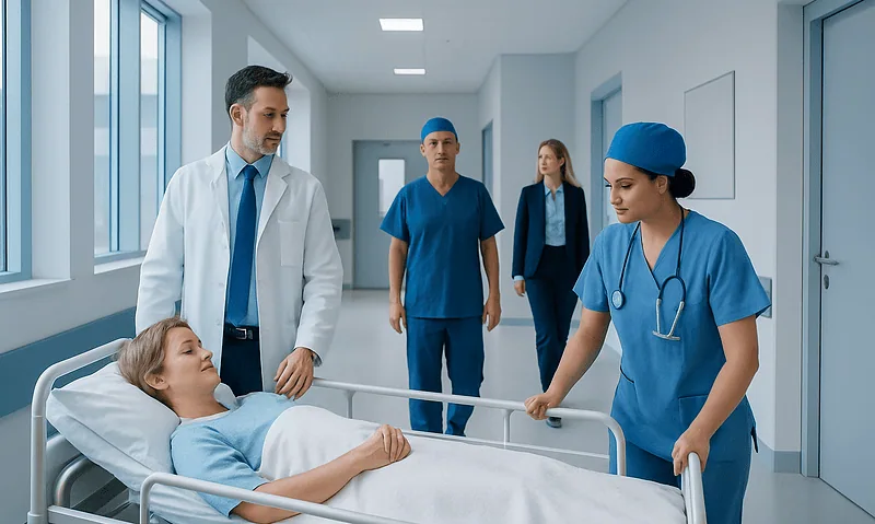 Medical team preparing patient for endoscopy in hospital corridor.