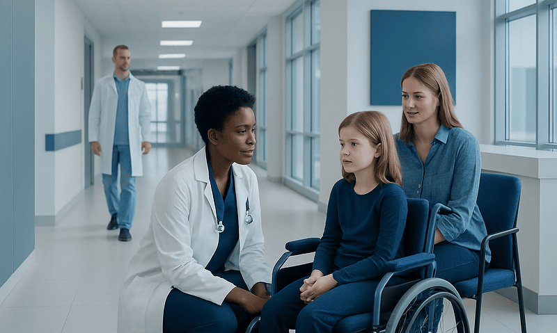 Child in wheelchair with mother and doctor in hospital corridor.