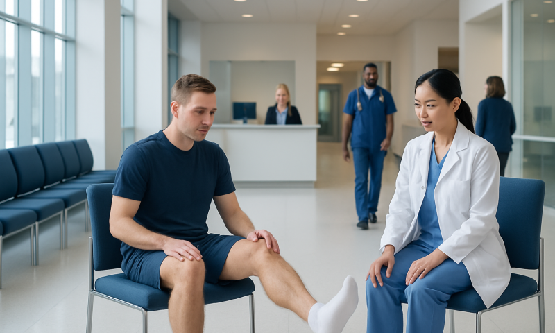 Patient consulting with a healthcare professional in a hospital corridor.