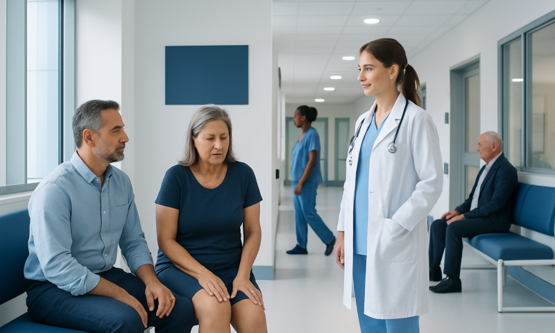Doctor consulting with patients in a hospital corridor.