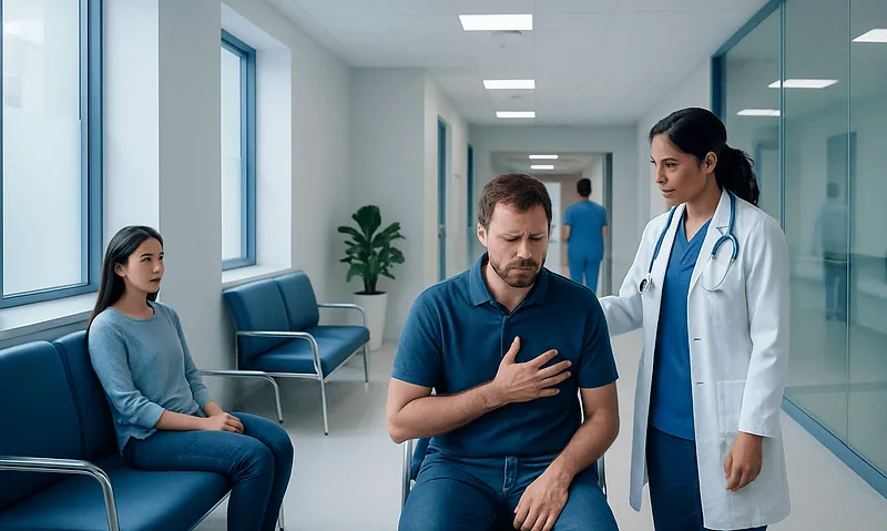 Patient experiencing chest pain during medical consultation at hospital.