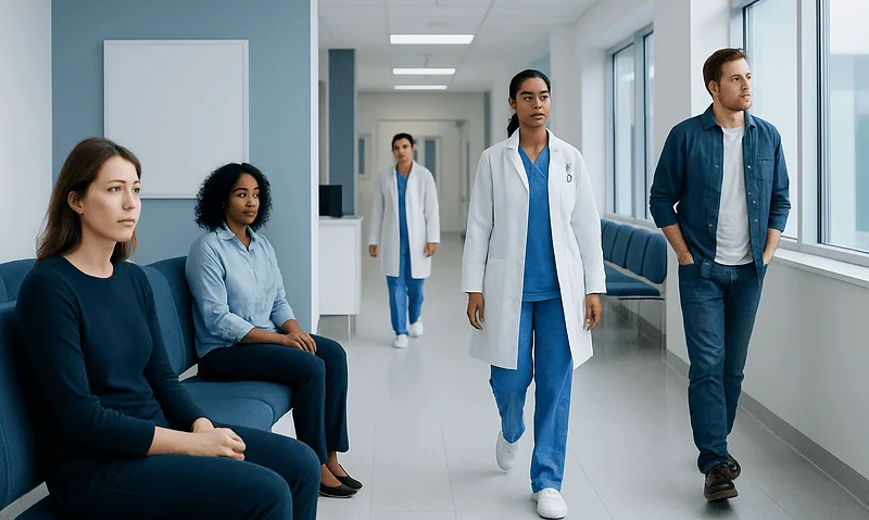 Medical staff and patients in a hospital corridor at Acibadem Hospitals Group.