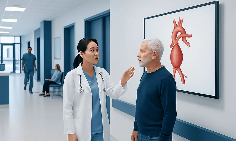 Doctor explaining aortic aneurysm to patient in hospital corridor.