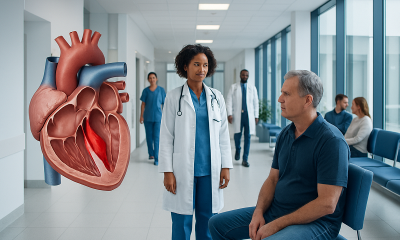 Doctor consulting a patient in a hospital corridor with a heart diagram overlay.