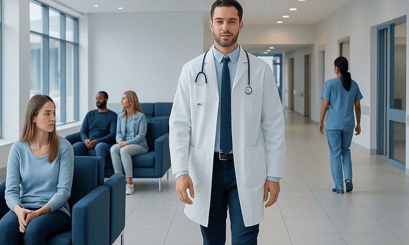 Doctor with patients in a modern hospital corridor.