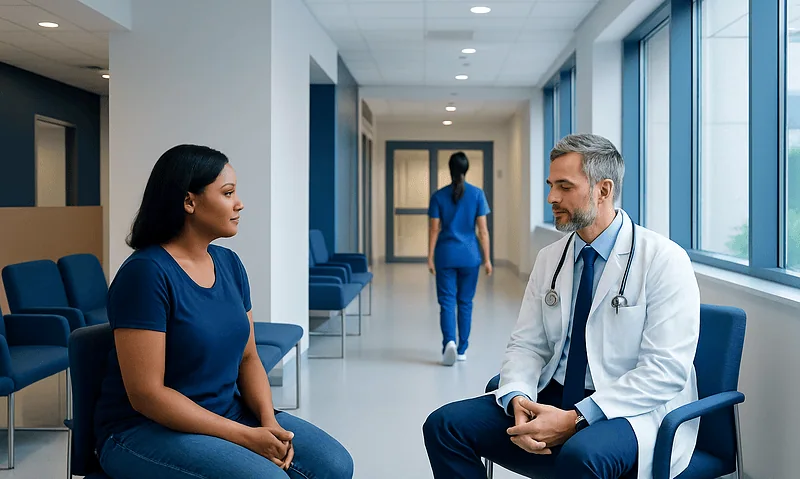Doctor consulting with a patient in a hospital corridor.
