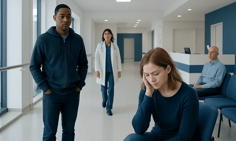 Young woman with anxiety sitting in hospital waiting area with healthcare staff nearby.