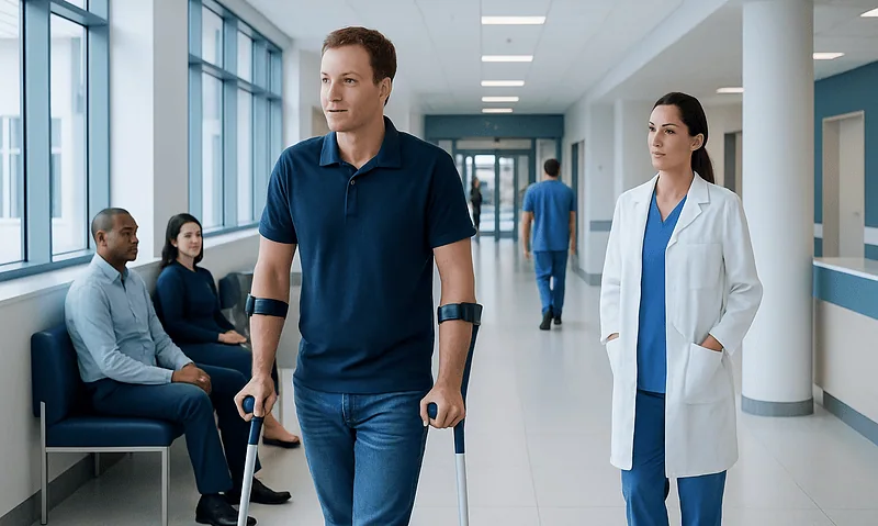 Patient with crutches walking in hospital corridor with medical staff nearby.