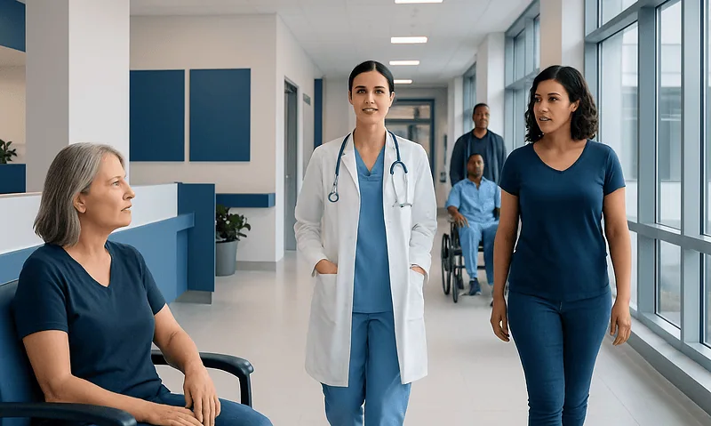 Healthcare professionals and patient in hospital corridor at Acibadem Hospitals Group.