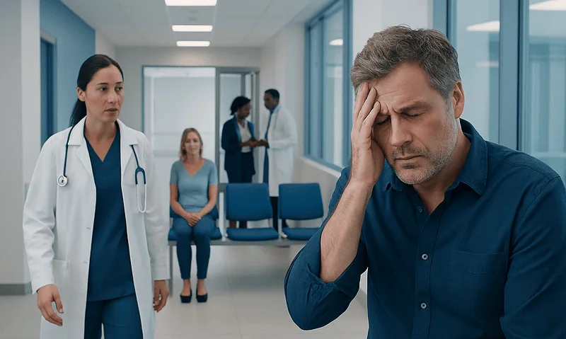Man with headache in hospital waiting area with medical staff and patients.