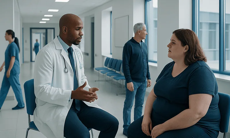 Doctor consulting a patient in a hospital corridor.