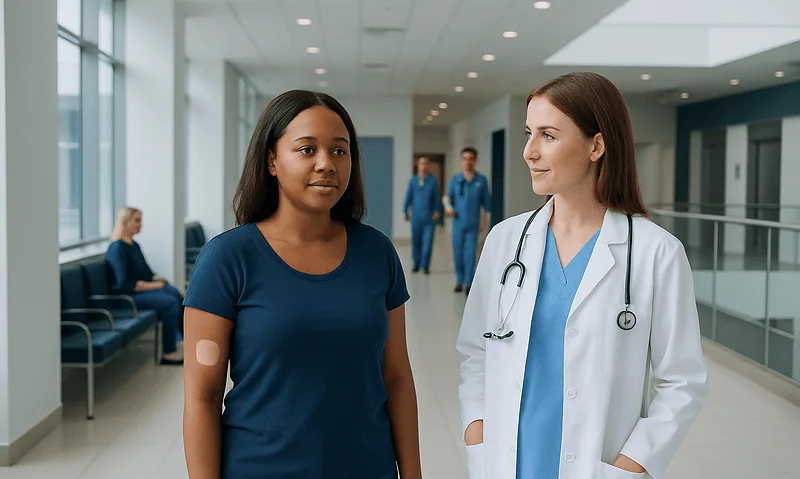 Doctor consulting a patient in a hospital corridor.