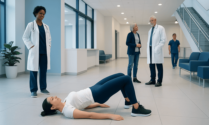 Patient performing glute exercises in a hospital corridor with medical staff nearby.