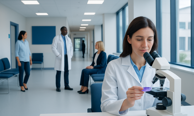 Medical professionals in a hospital corridor with a young woman using a microscope.