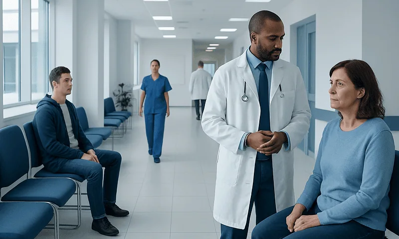 Doctor consulting with a patient in a hospital corridor.