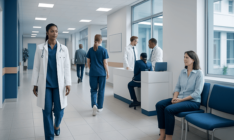 Healthcare professionals and patients in a modern hospital corridor.