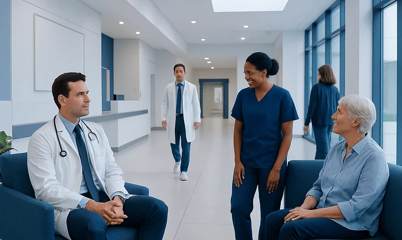 Medical team consulting with patient in hospital corridor.