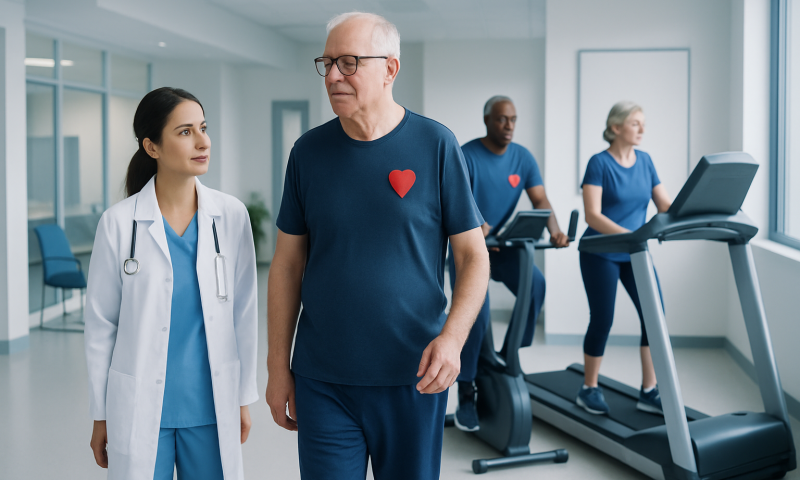 Senior man exercising with medical staff in a hospital gym.