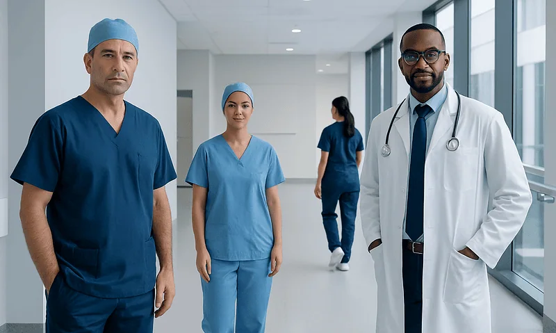 Diverse medical team in hospital corridor with large windows.