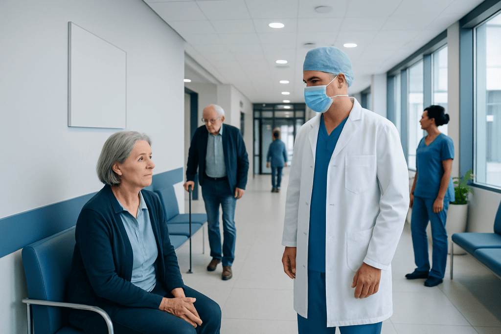 Cataract surgery Risks & Side Effects Explained by Surgeons 1 Doctor consulting elderly patient in hospital corridor.