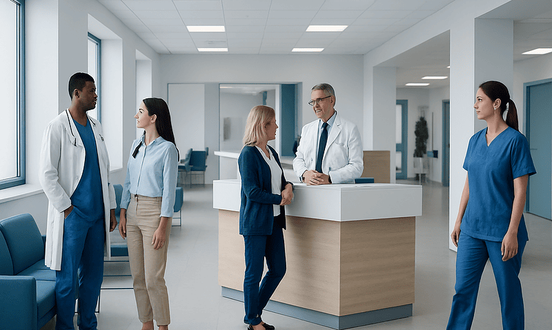 Medical team at hospital reception with patients and staff in a modern healthcare facility.
