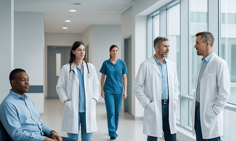 Medical team discussing patient care in hospital corridor.