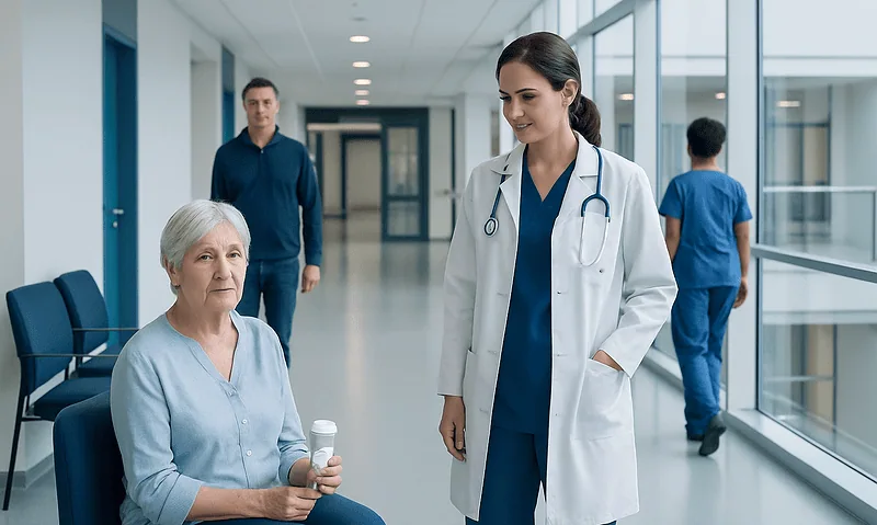 Healthcare professional consulting elderly patient in hospital corridor.