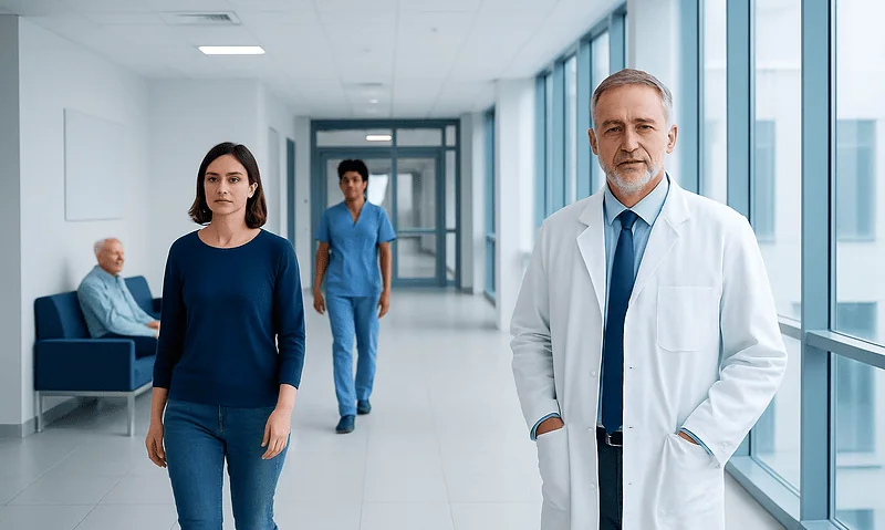 Medical professionals and patient in hospital corridor at Acibadem Hospitals Group.