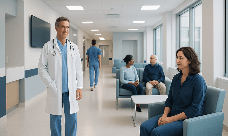 Healthcare professionals and patients in a modern hospital corridor.