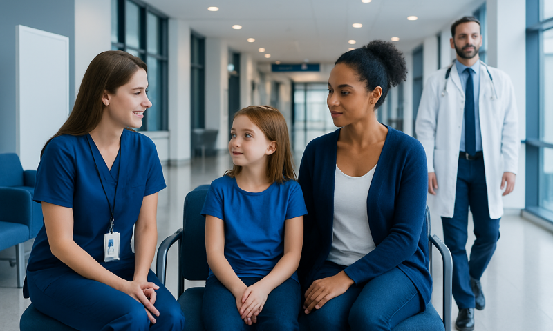 Child life specialist talking with a young patient and her mother in hospital corridor.
