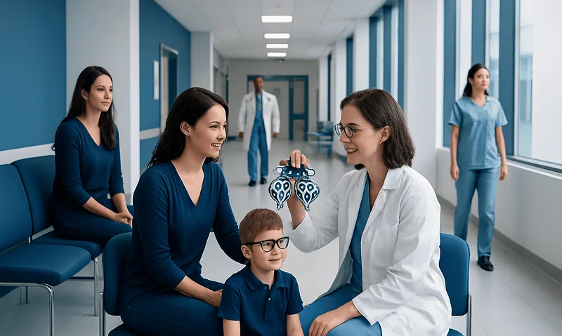 Child undergoing vision test at Acibadem Hospital with medical staff and family present.