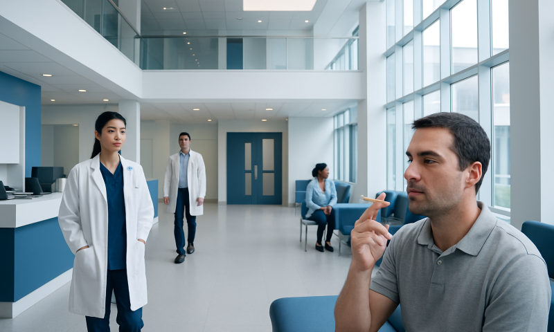 Patients and medical staff in a modern hospital lobby at Acibadem Hospitals Group.
