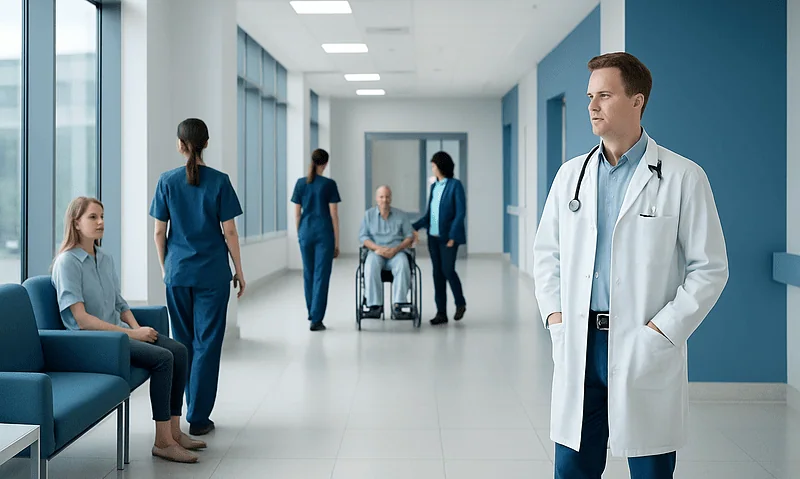 Doctor and medical staff in hospital corridor with patients and visitors.