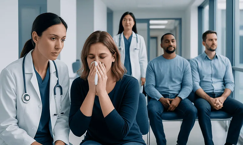 Patient experiencing allergy symptoms in a medical consultation setting.