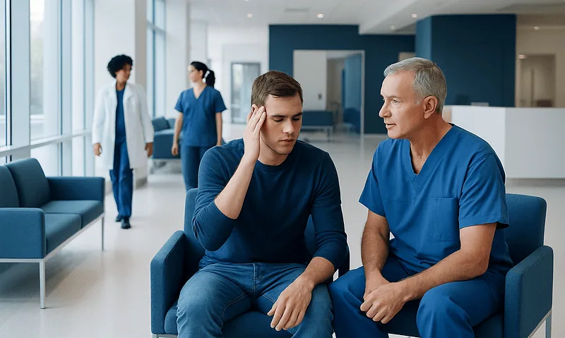 Patient consulting with doctor in hospital corridor for concussion symptoms.