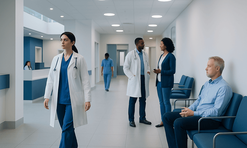 Medical staff and patient in a modern hospital corridor.