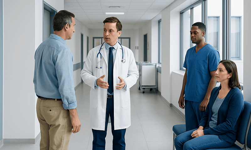 Doctor discussing with patients in hospital corridor.