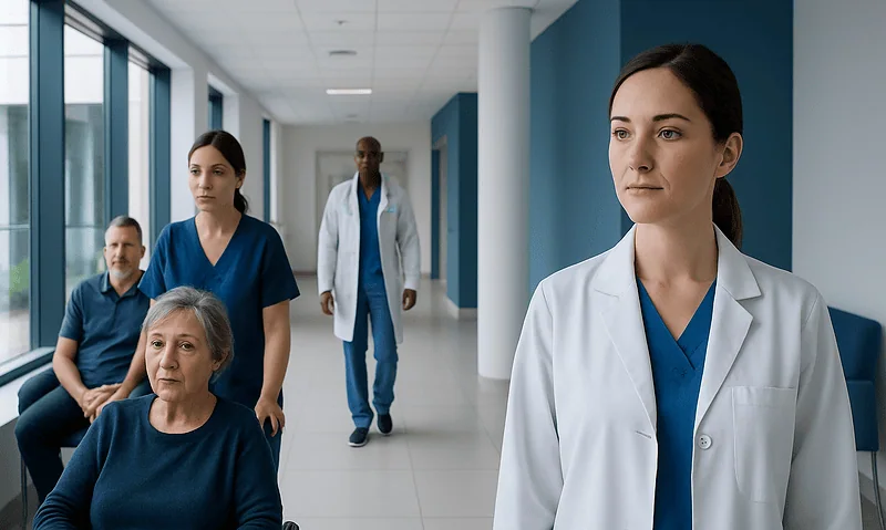 Healthcare professionals and patients in a hospital corridor.