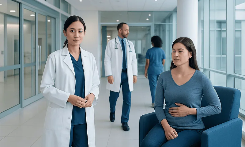 Medical professionals and patient in hospital corridor at Acibadem Hospitals Group.