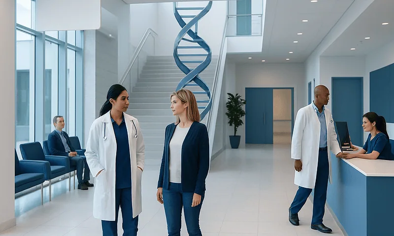 Modern hospital lobby with medical staff and patients in a bright, spacious setting.