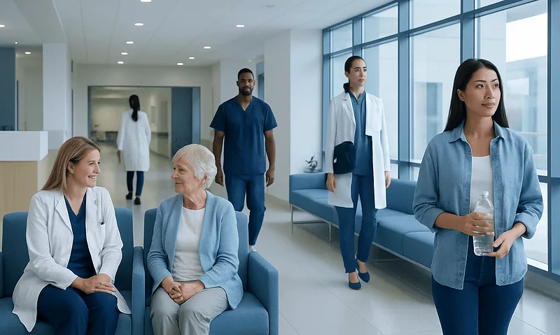 Diverse group of healthcare professionals and patients in a modern hospital lobby.