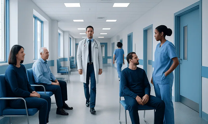 Hospital waiting area with patients and medical staff in a modern healthcare facility.