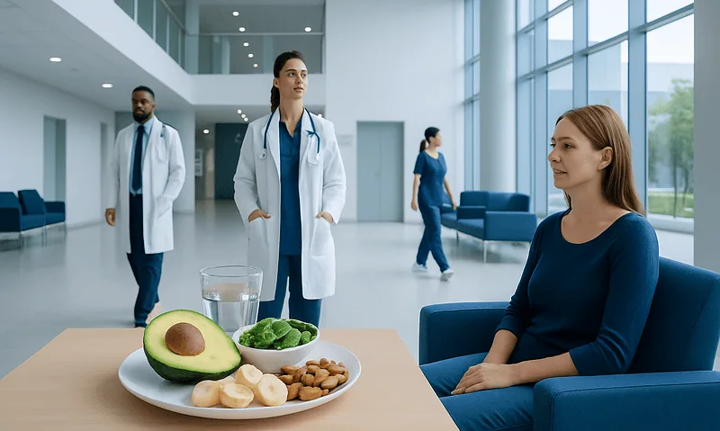 Doctor discussing healthy foods with patient in hospital lobby.