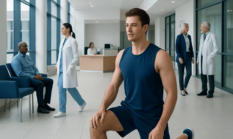 Young man undergoing a medical assessment in a hospital corridor.