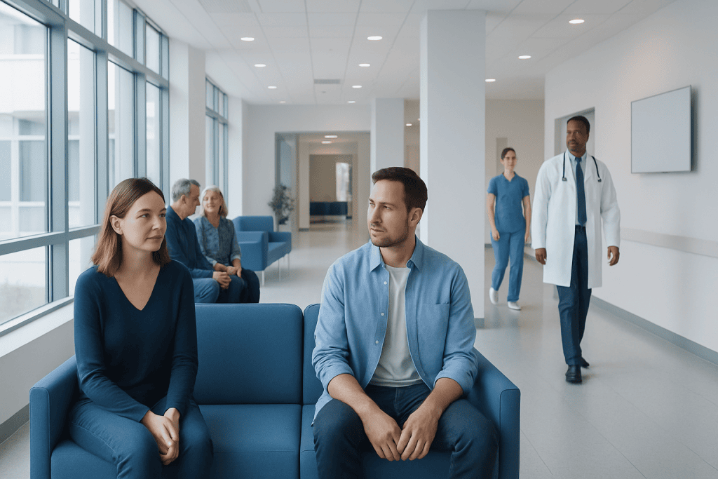 Fear Butterflies: An Evidence-Based Guide for Patients 1 Patients waiting in a modern hospital corridor with medical staff nearby.